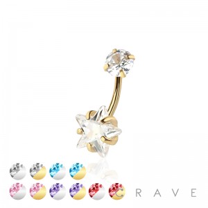 DOUBLE PRONG SET STAR CZ 316L SURGICAL STEEL NAVEL RING